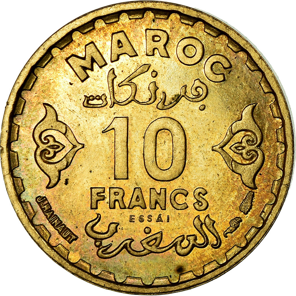 Coin, Morocco, 10 Francs, 1952, Paris, MS(63), Aluminum-Bronze, KM:E41