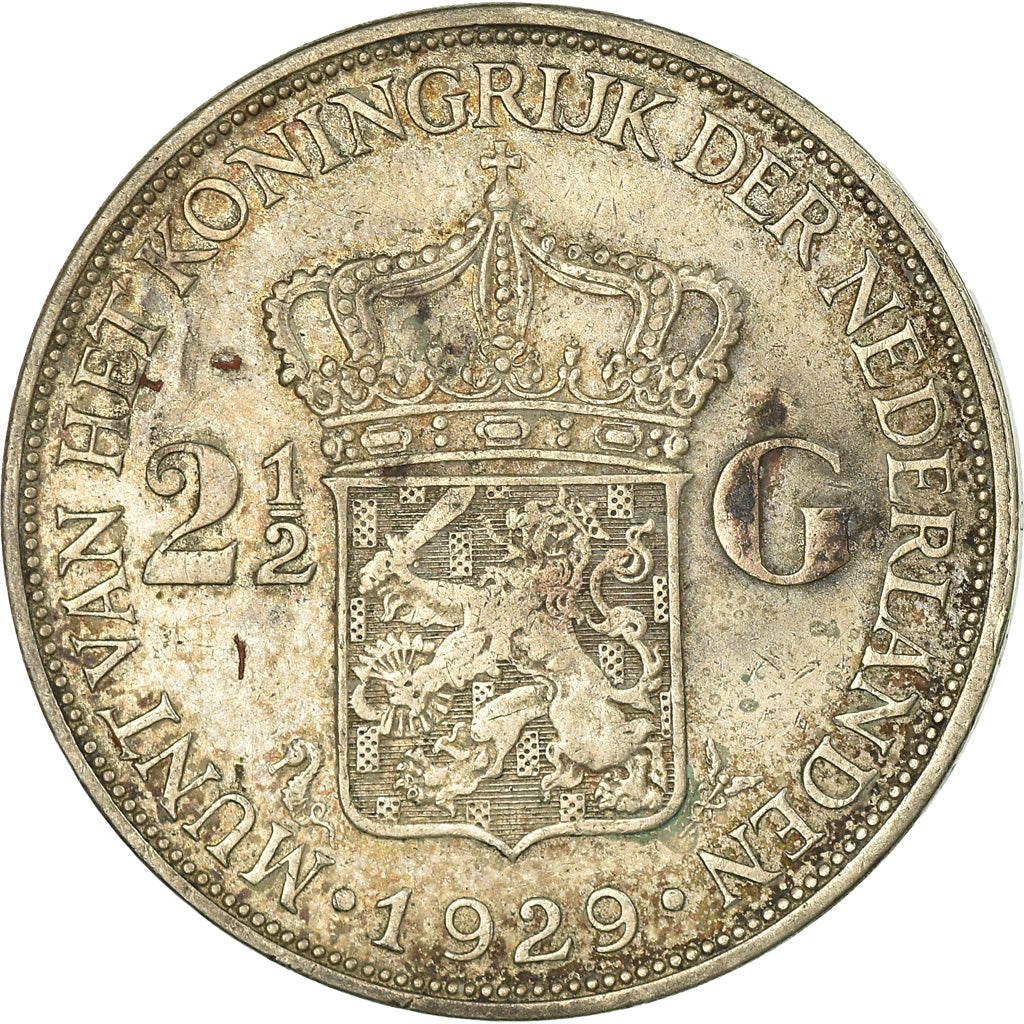 Coin, Netherlands, Wilhelmina I, 2-1/2 Gulden, 1929, VF(30-35), Silver, KM:165