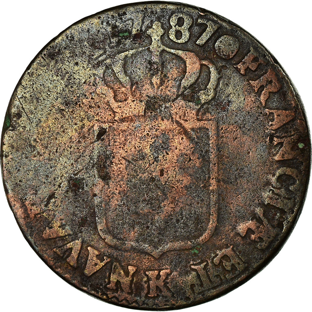 Moneta, Francja, Louis XVI, Sol ou sou, Sol, 1787, Bordeaux, F(12-15), Miedź