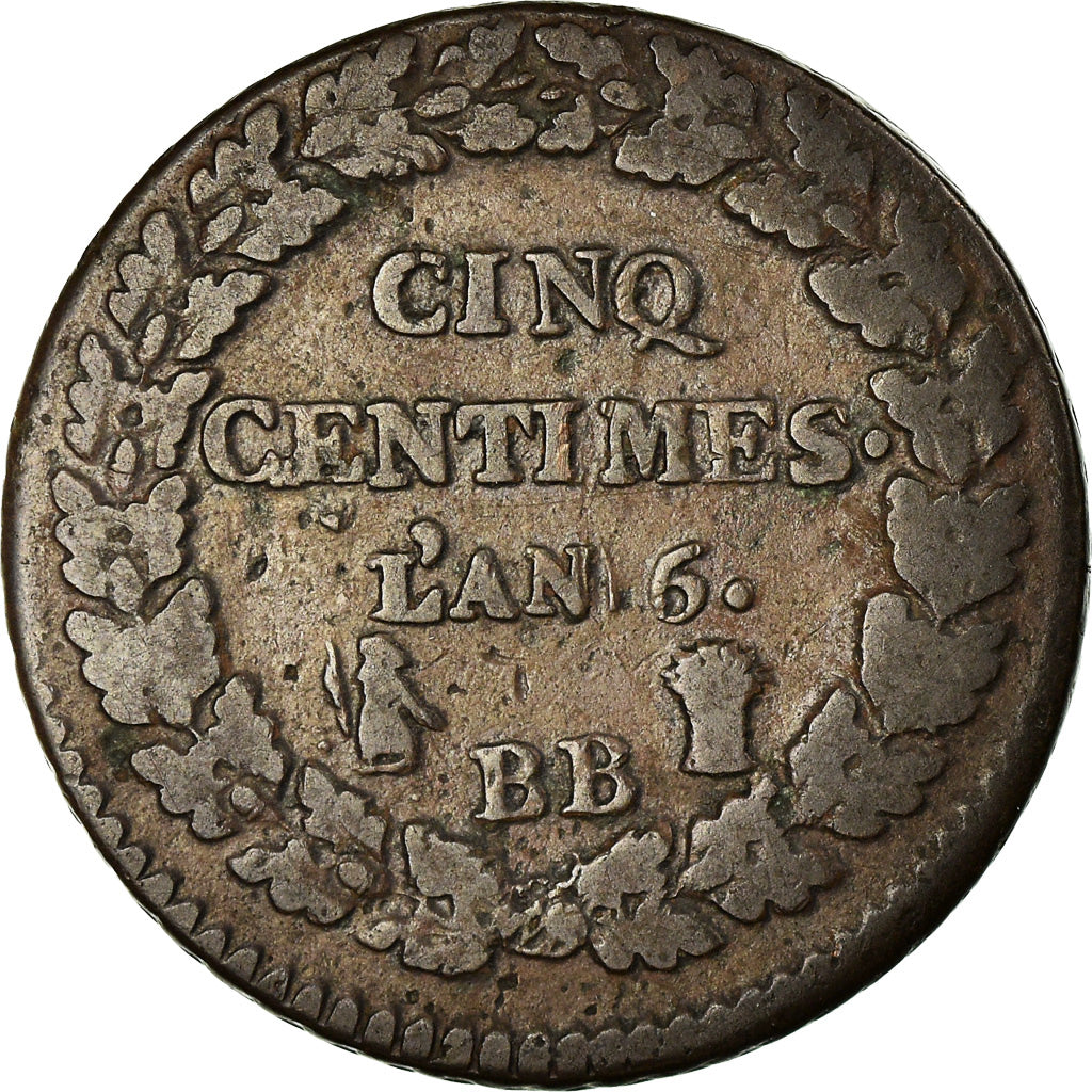 Moneta, Francia, Dupré, 5 Centimes, 1798, Strasbourg, An 6/5, MB, Bronzo