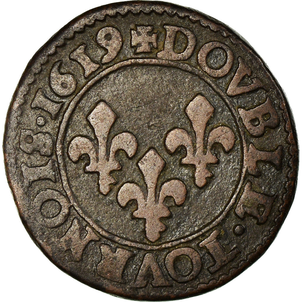 Monnaie, France, Louis XIII, Double Tournois, 1619, Poitiers, TB, Cuivre