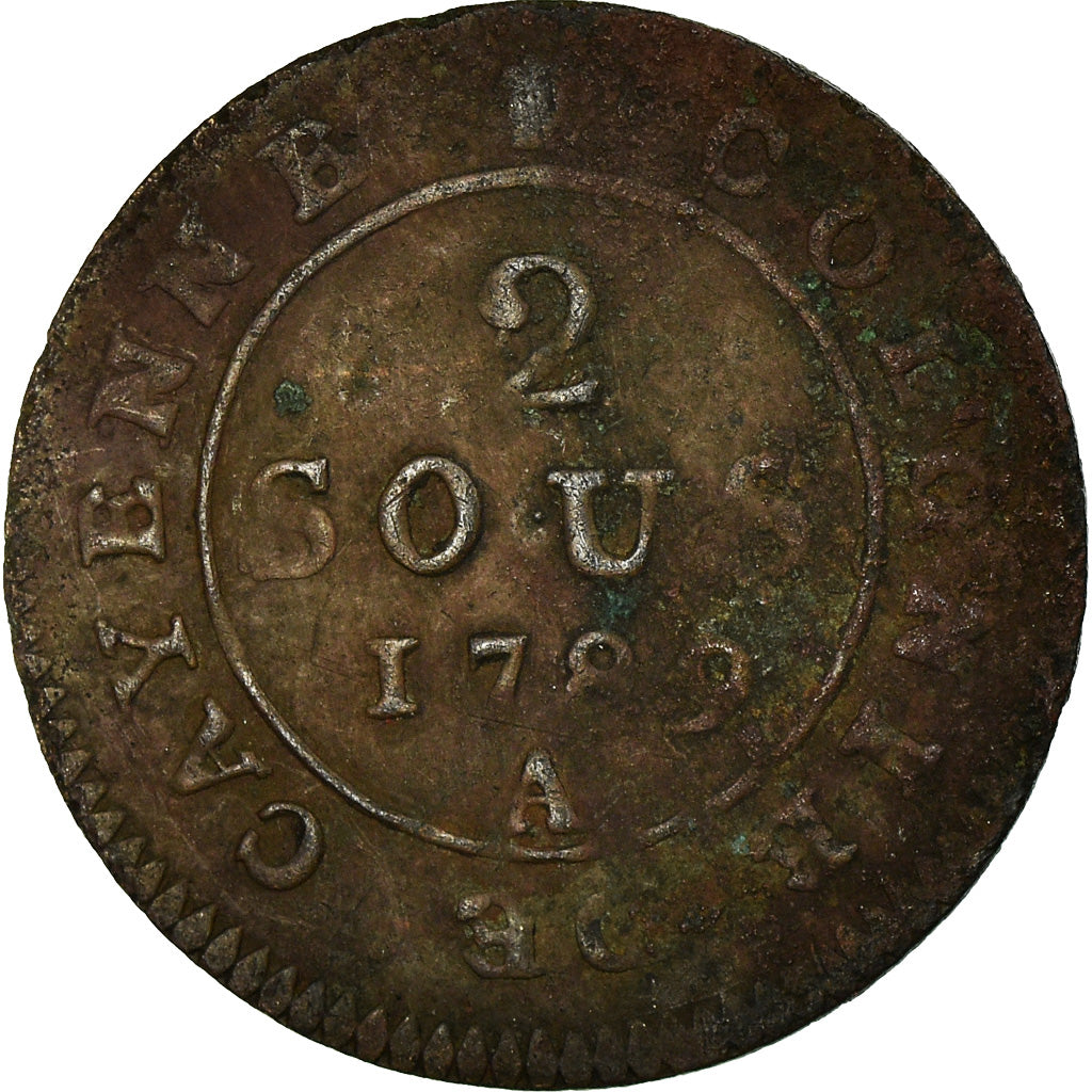 Coin, FRENCH GUIANA, 2 Sous, 1789, Paris, VF(20-25), Billon, KM:1, Lecompte:20