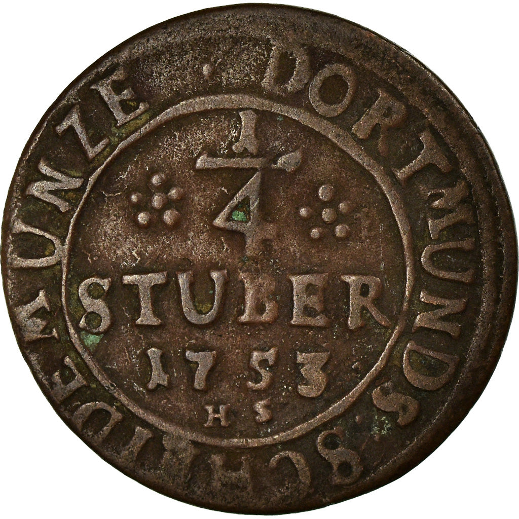 Coin, German States, DORTMUND, 1/4 Stüber, 1753, Dortmund, EF(40-45), Copper