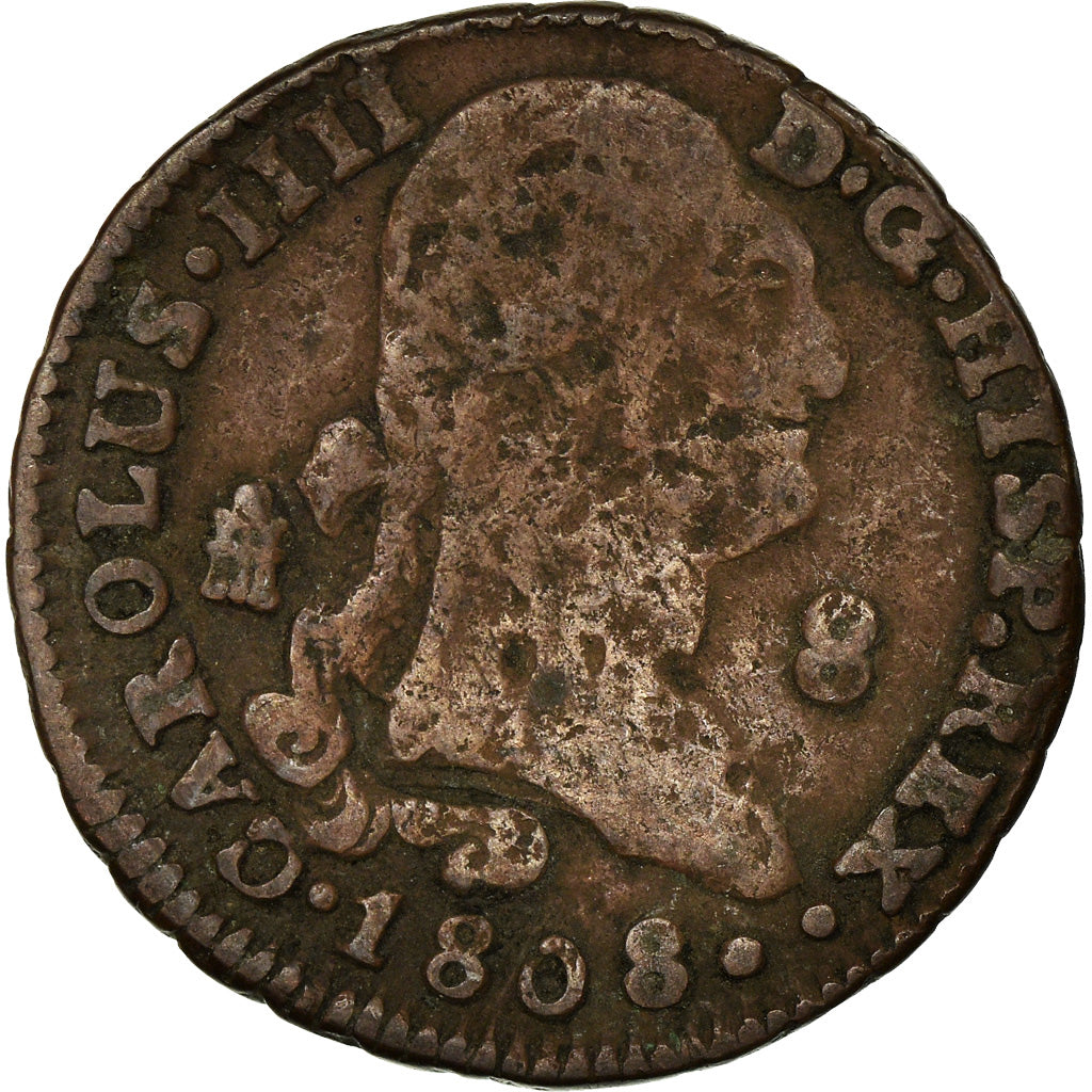 Coin, Spain, Charles IV, 8 Maravedis, 1808, Segovia, VF(20-25), Copper, KM:428