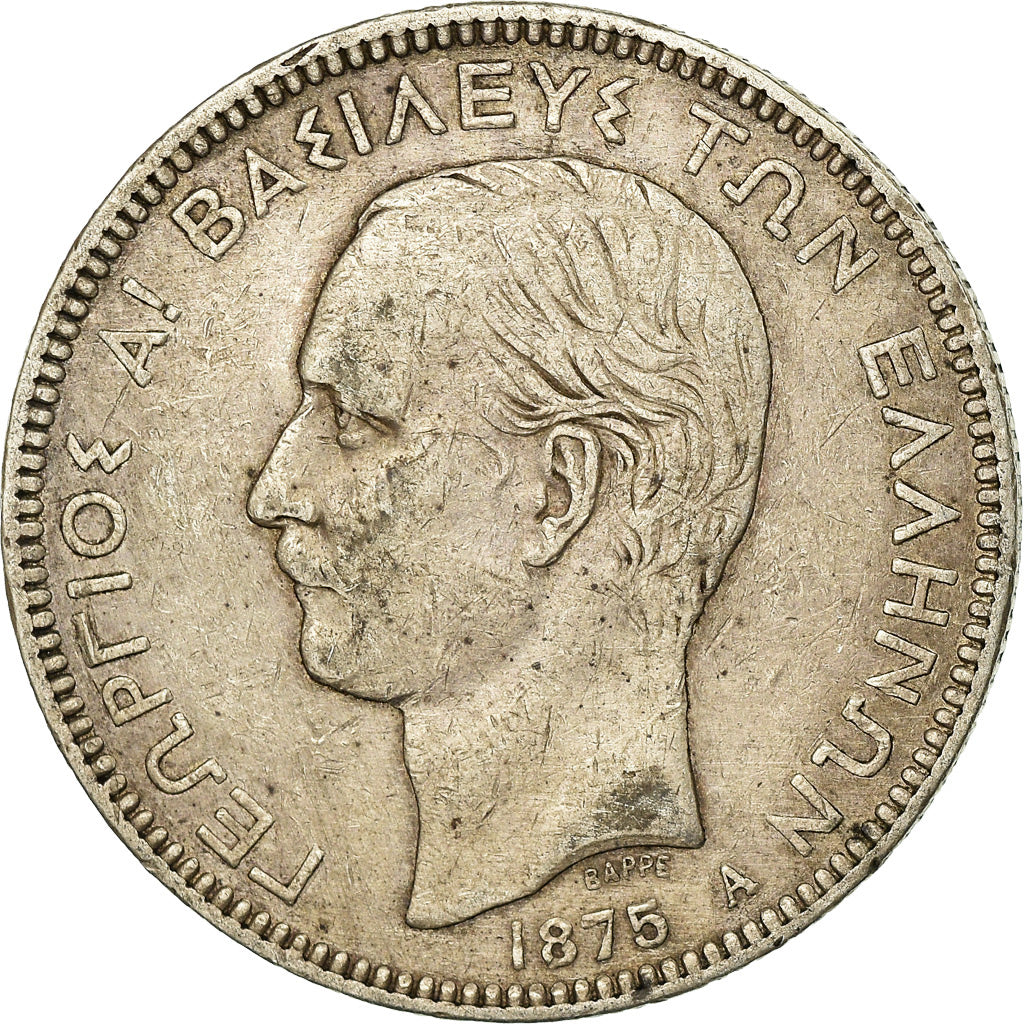 Coin, Greece, George I, 5 Drachmai, 1875, Paris, VF(30-35), Silver, KM:46