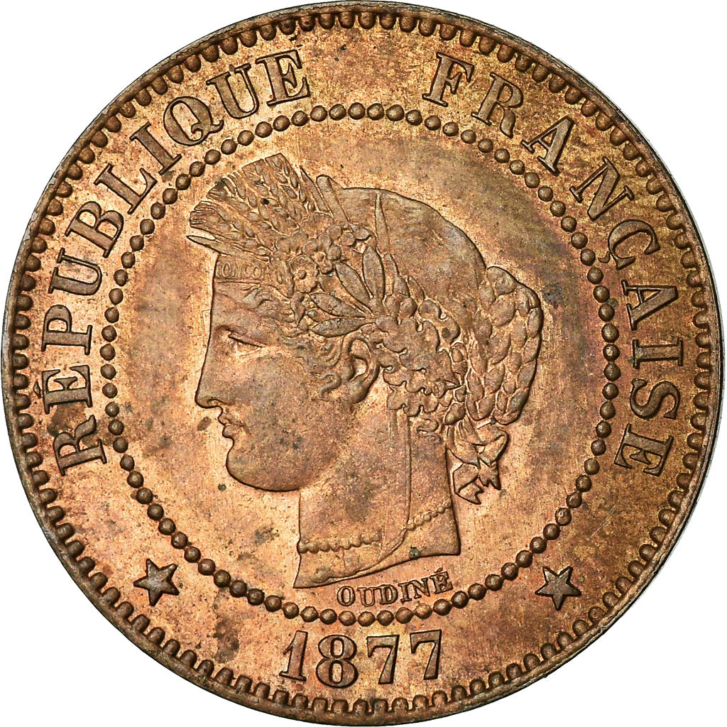 Moneta, Francja, Cérès, 2 Centimes, 1877, Paris, AU(55-58), Bronze, KM:827.1