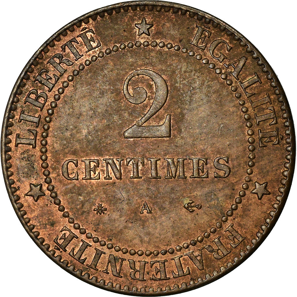 Moneta, Francja, Cérès, 2 Centimes, 1877, Paris, AU(55-58), Bronze, KM:827.1
