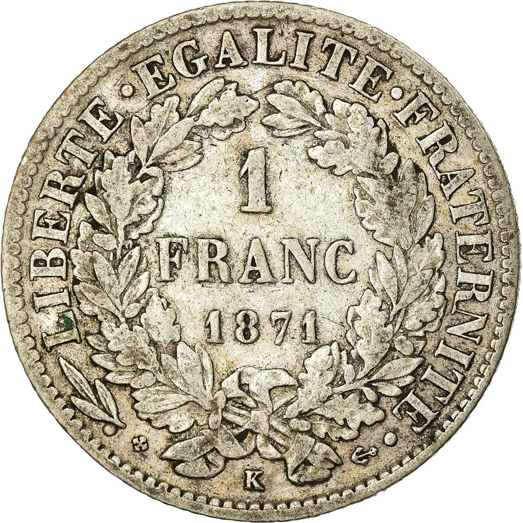 Monnaie, France, Cérès, Franc, 1871, Bordeaux, TB, Argent, Gadoury:465