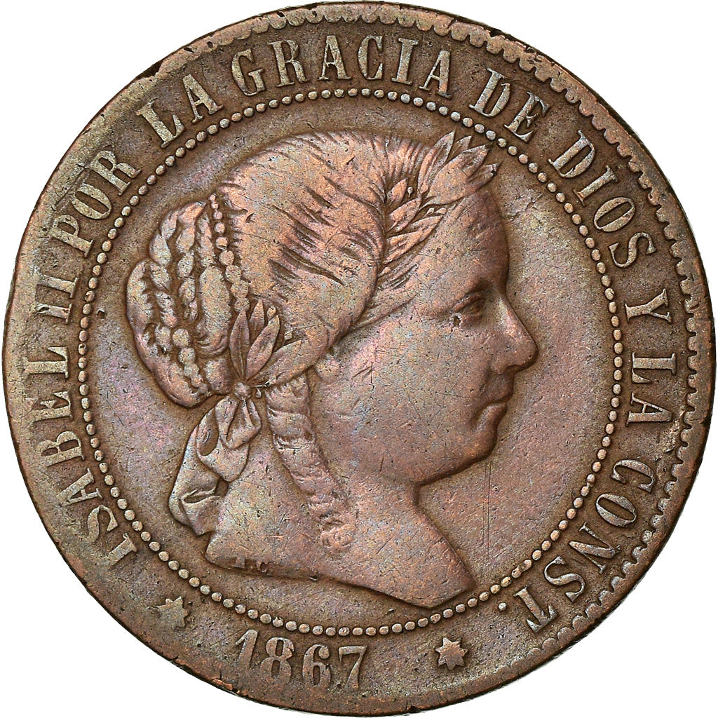 Coin, Spain, Isabel II, 2-1/2 Centimos, 1867, VF(20-25), Copper, KM:634.2