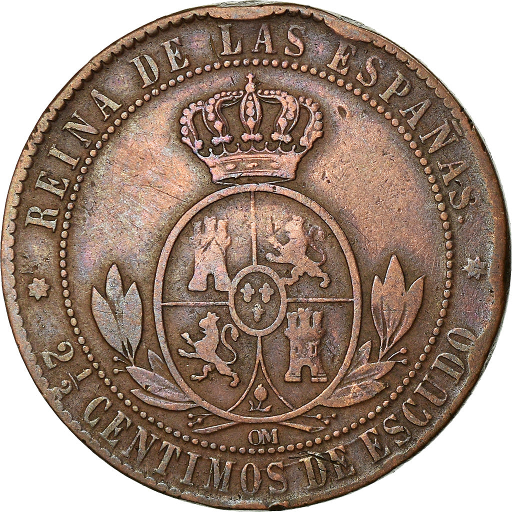 Coin, Spain, Isabel II, 2-1/2 Centimos, 1867, VF(20-25), Copper, KM:634.2