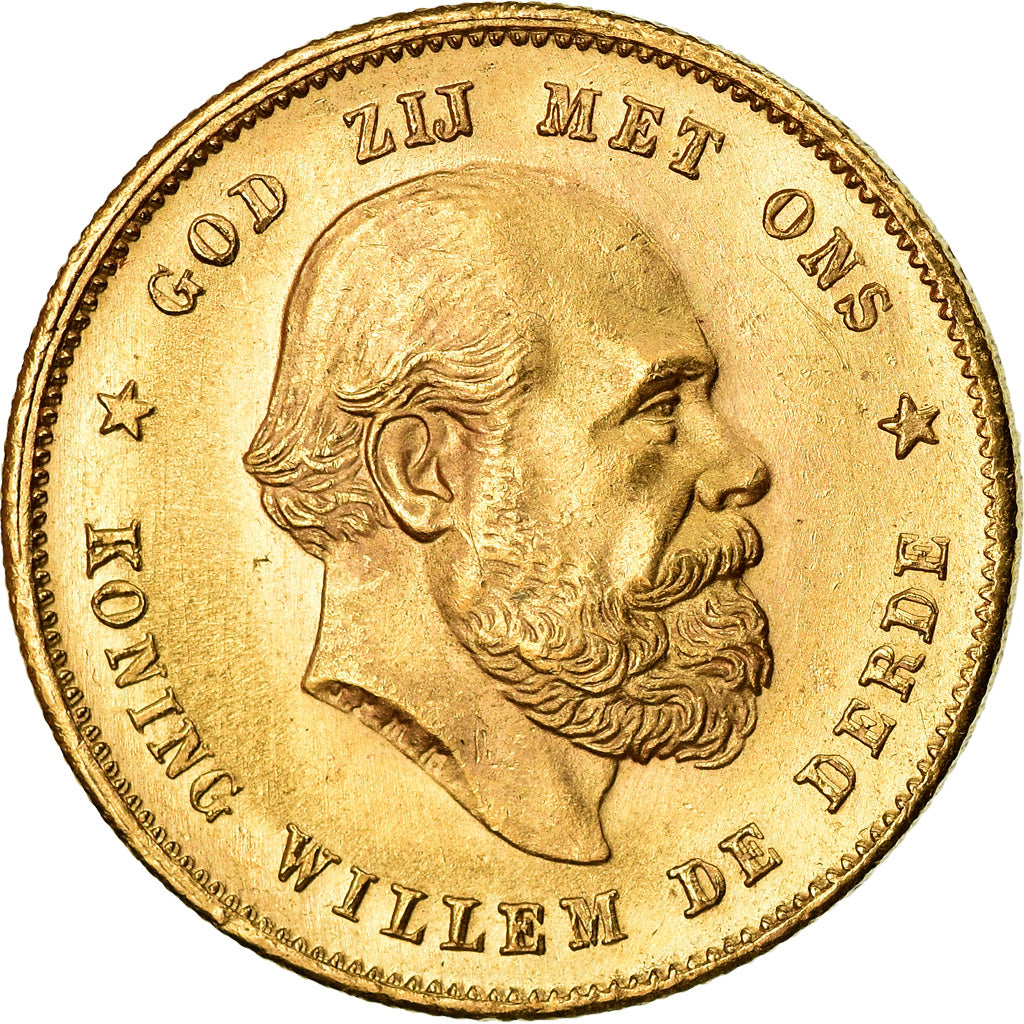 Coin, Netherlands, William III, 10 Gulden, 1880, MS(63), Gold, KM:106