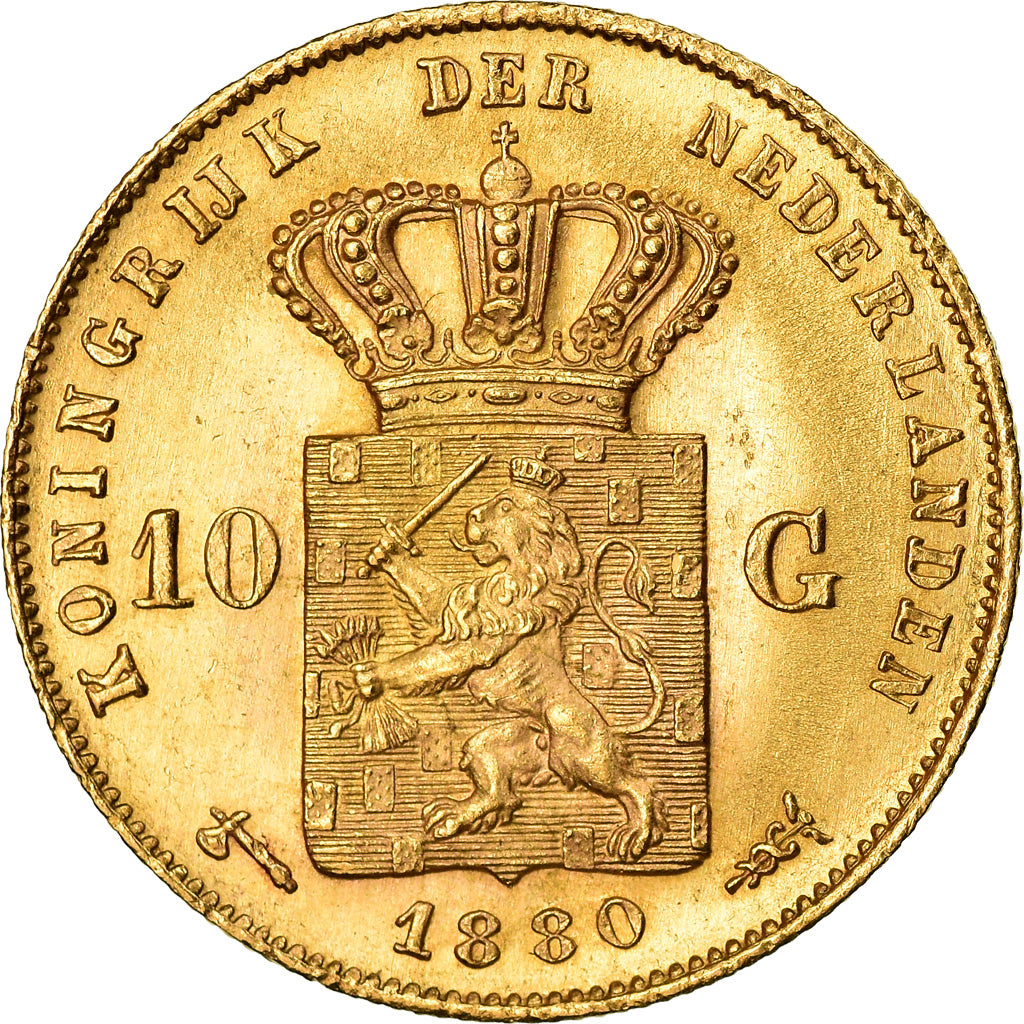 Coin, Netherlands, William III, 10 Gulden, 1880, MS(63), Gold, KM:106