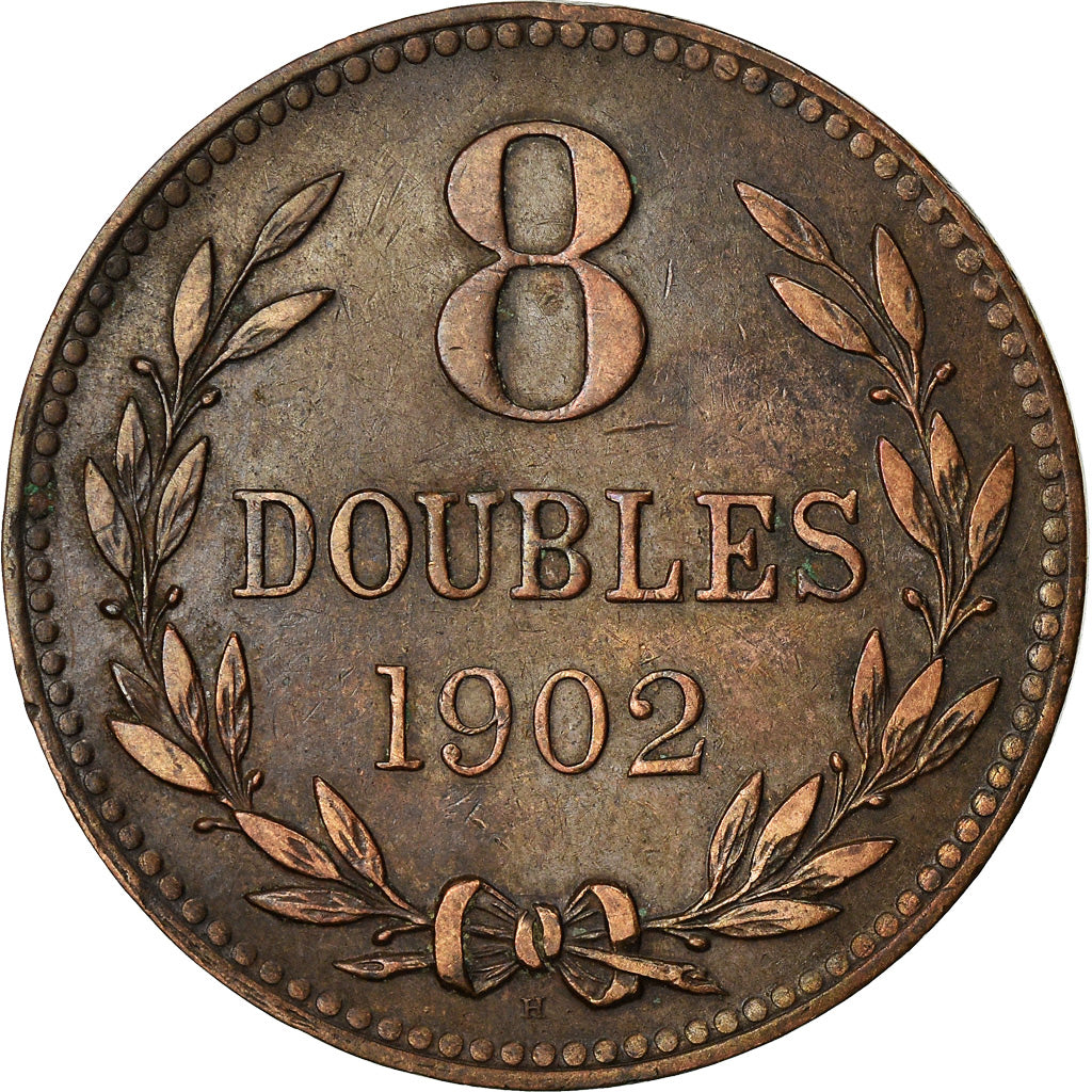 Coin, Guernsey, 8 Doubles, 1902, Heaton, Birmingham, EF(40-45), Bronze, KM:7