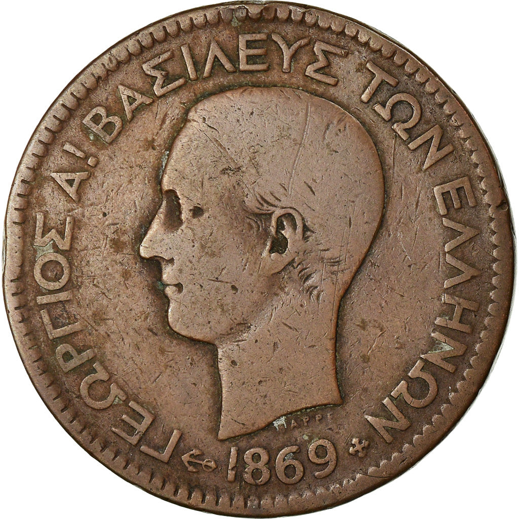 Coin, Greece, George I, 10 Lepta, 1869, Strassburg, VF(20-25), Copper, KM:43