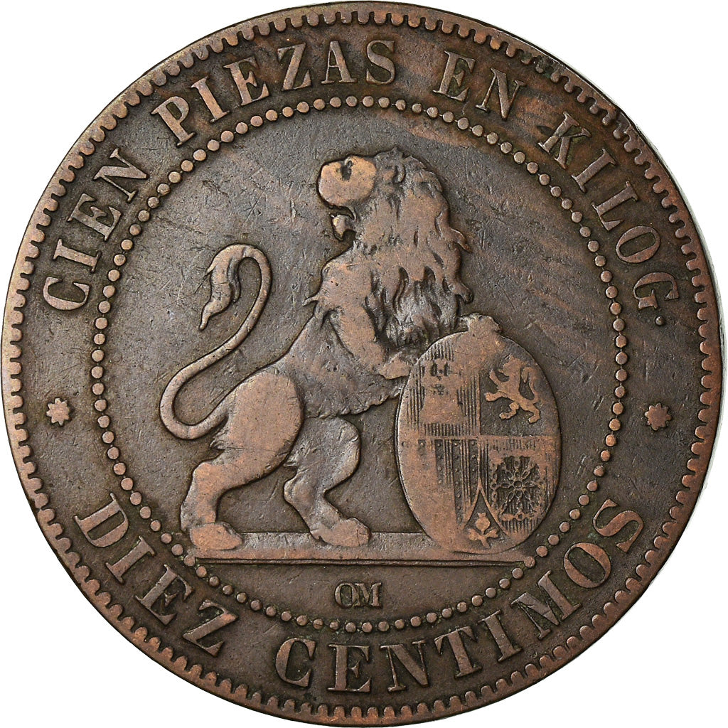 Moneda, España, Provisional Government, 10 Centimos, 1870, Madrid, BC+, Cobre