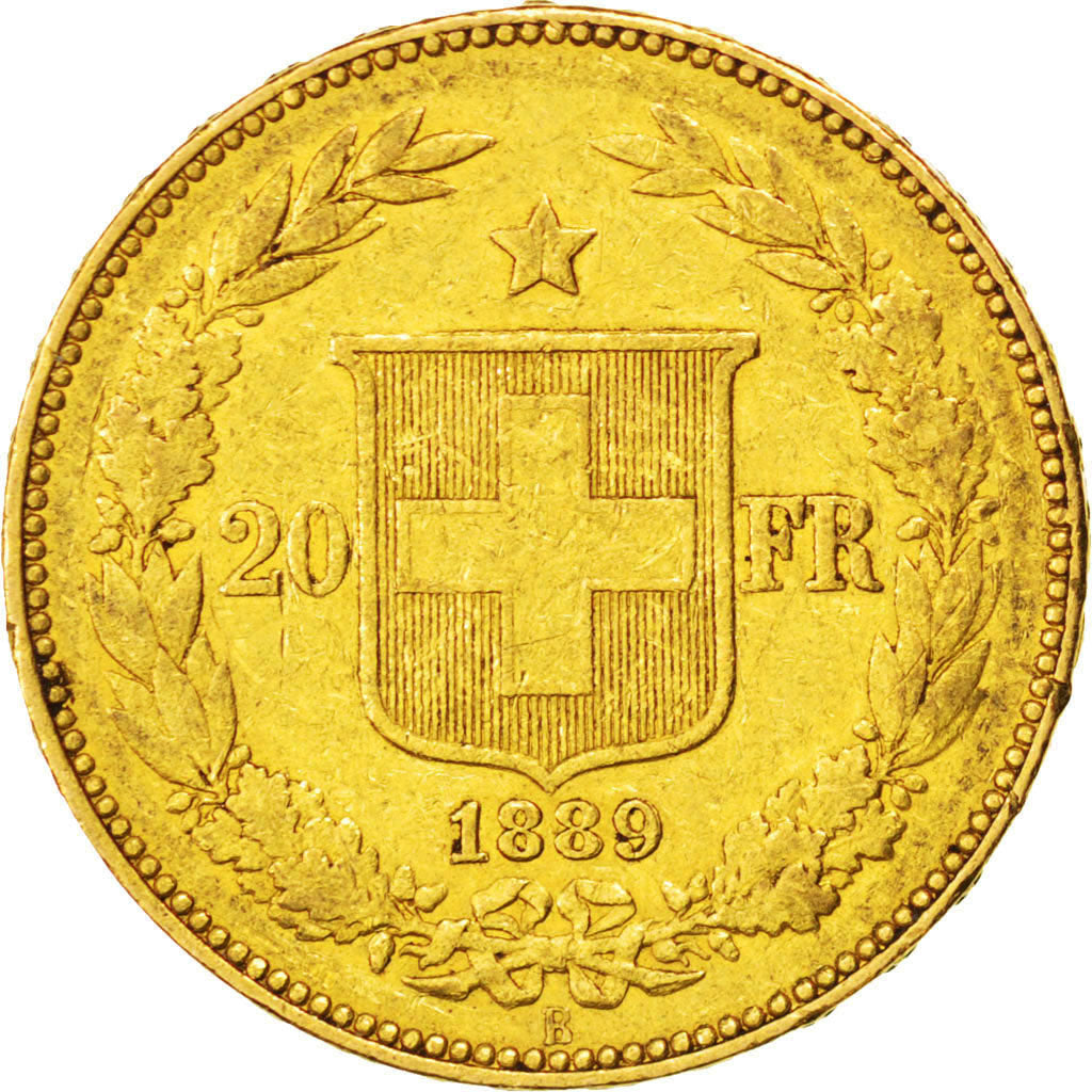 SWITZERLAND, 20 Francs, 1889, Bern, KM #31.3, EF(40-45), Gold, 6.43