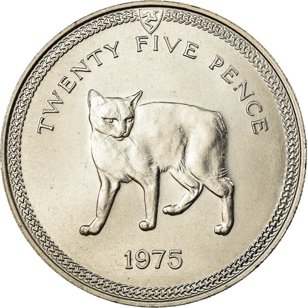 Moneda, Isla de Man, Elizabeth II, 25 Pence, 1975, Pobjoy Mint, EBC, Cobre -