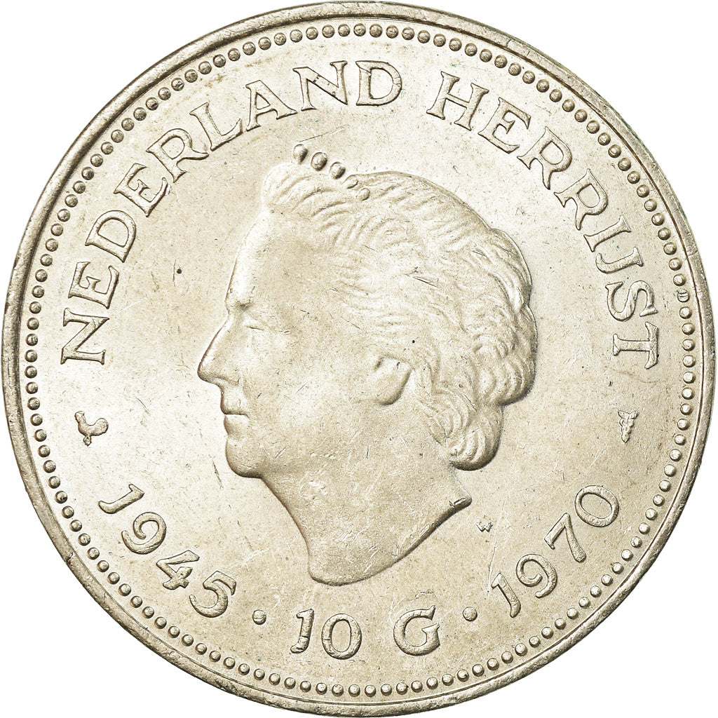 Coin, Netherlands, Juliana, 10 Gulden, 1970, EF(40-45), Silver, KM:195