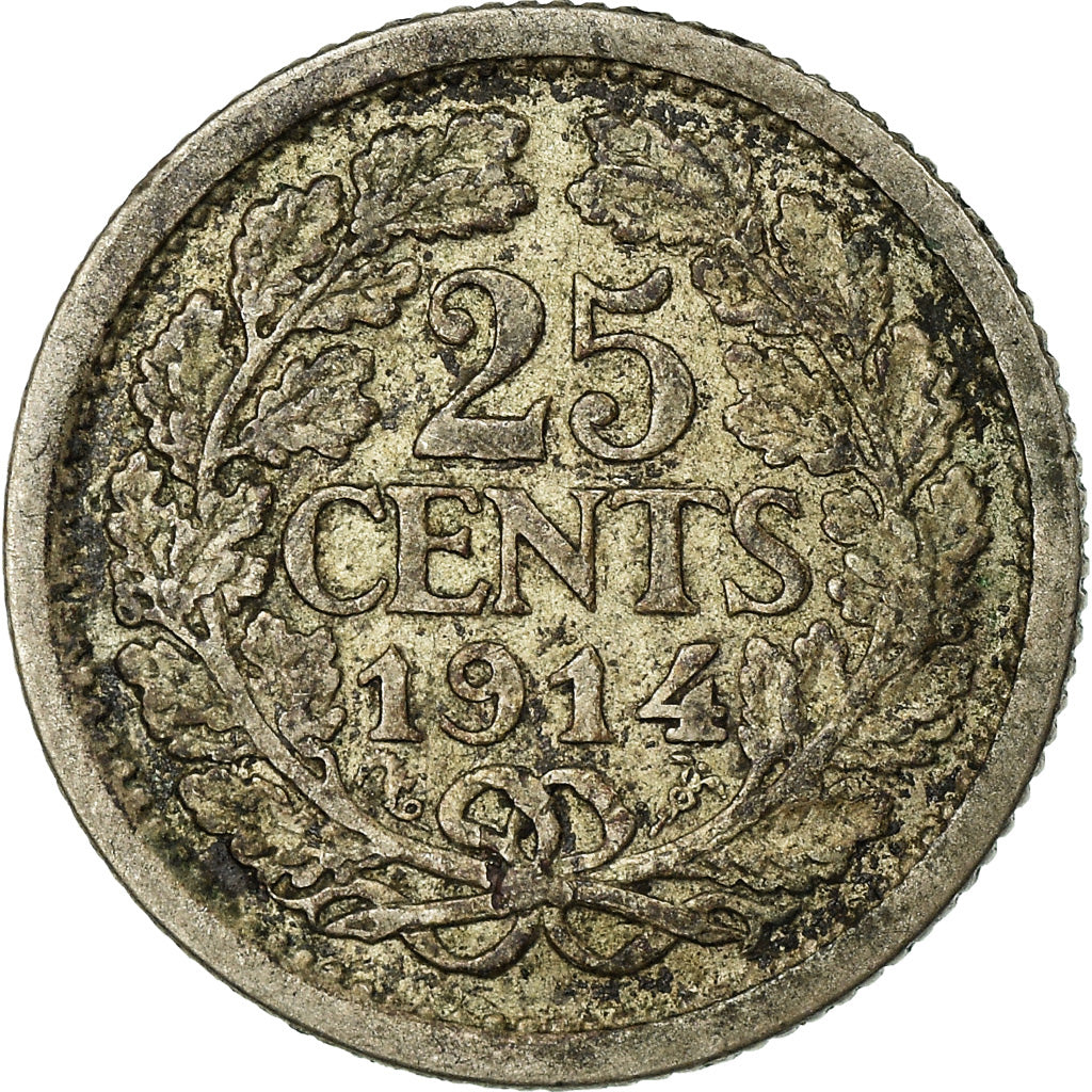 Coin, Netherlands, Wilhelmina I, 25 Cents, 1914, VF(20-25), Silver, KM:146