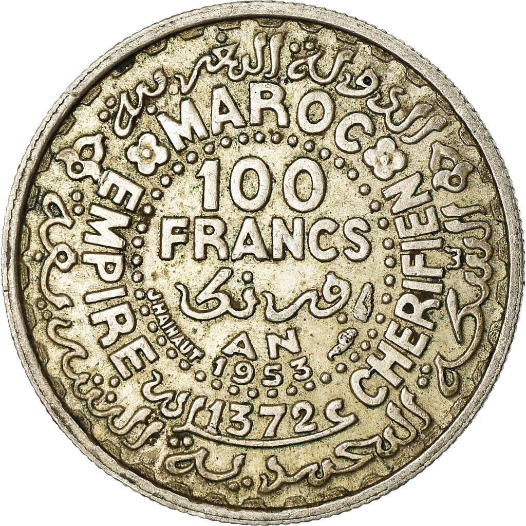Coin, Morocco, Mohammed V, 100 Francs, 1953, Paris, EF(40-45), Silver, KM:52