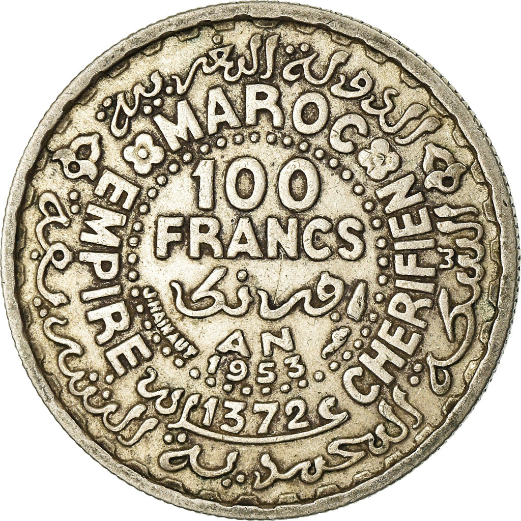 Coin, Morocco, Mohammed V, 100 Francs, 1953, Paris, VF(30-35), Silver, KM:52