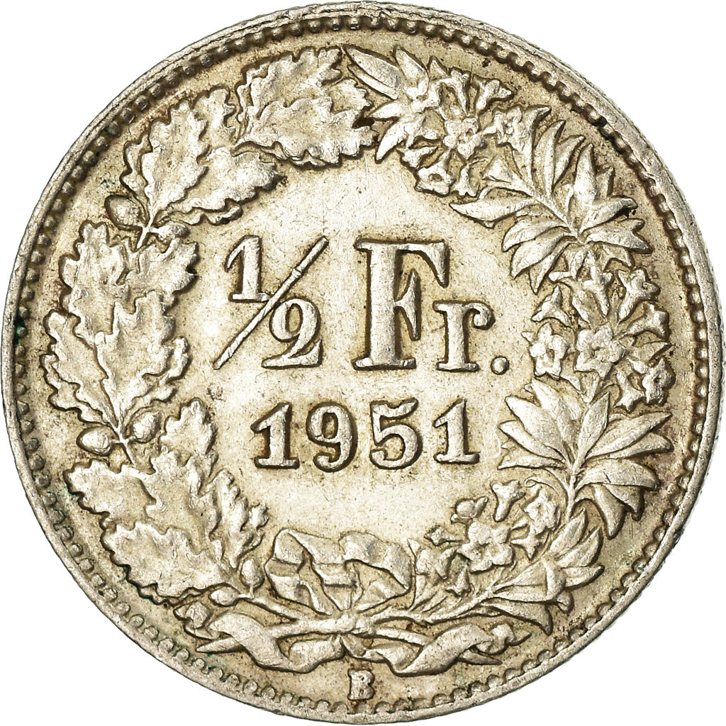 Moneta, Svizzera, 1/2 Franc, 1951, Bern, BB+, Argento, KM:23