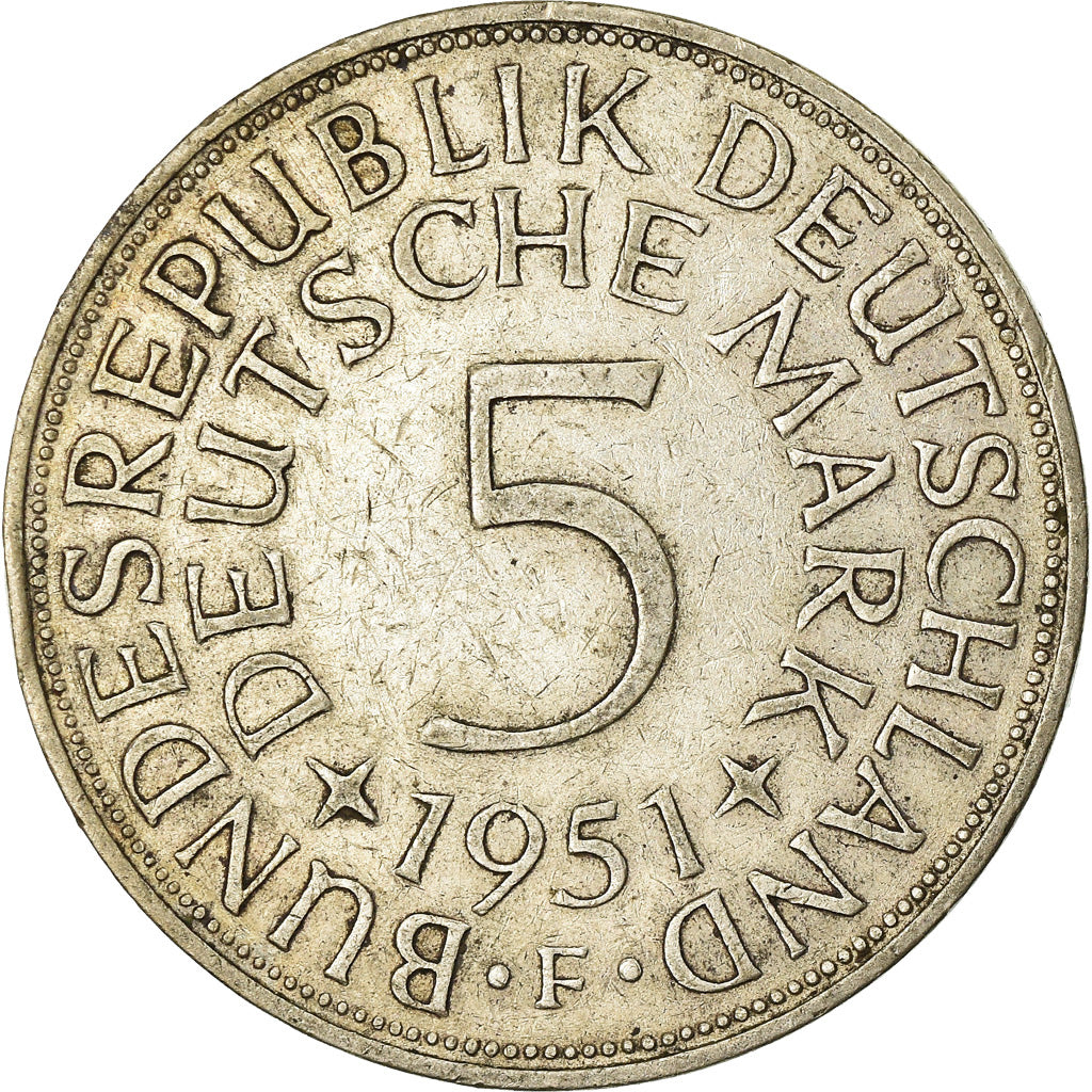 Coin, GERMANY - FEDERAL REPUBLIC, 5 Mark, 1951, Stuttgart, EF(40-45), Silver