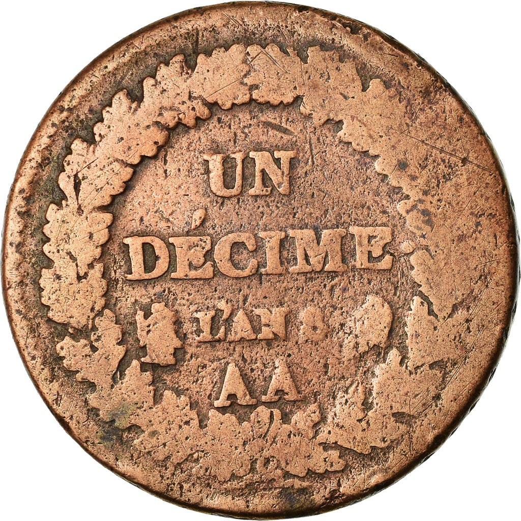 Munten, Frankrijk, Dupré, Decime, AN 8, Metz, ZG+, Bronze, KM:644.2