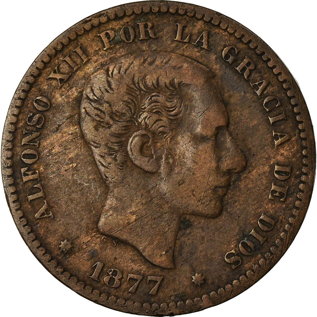 Coin, Spain, Alfonso XII, 5 Centimos, 1877, VF(30-35), Bronze, KM:674