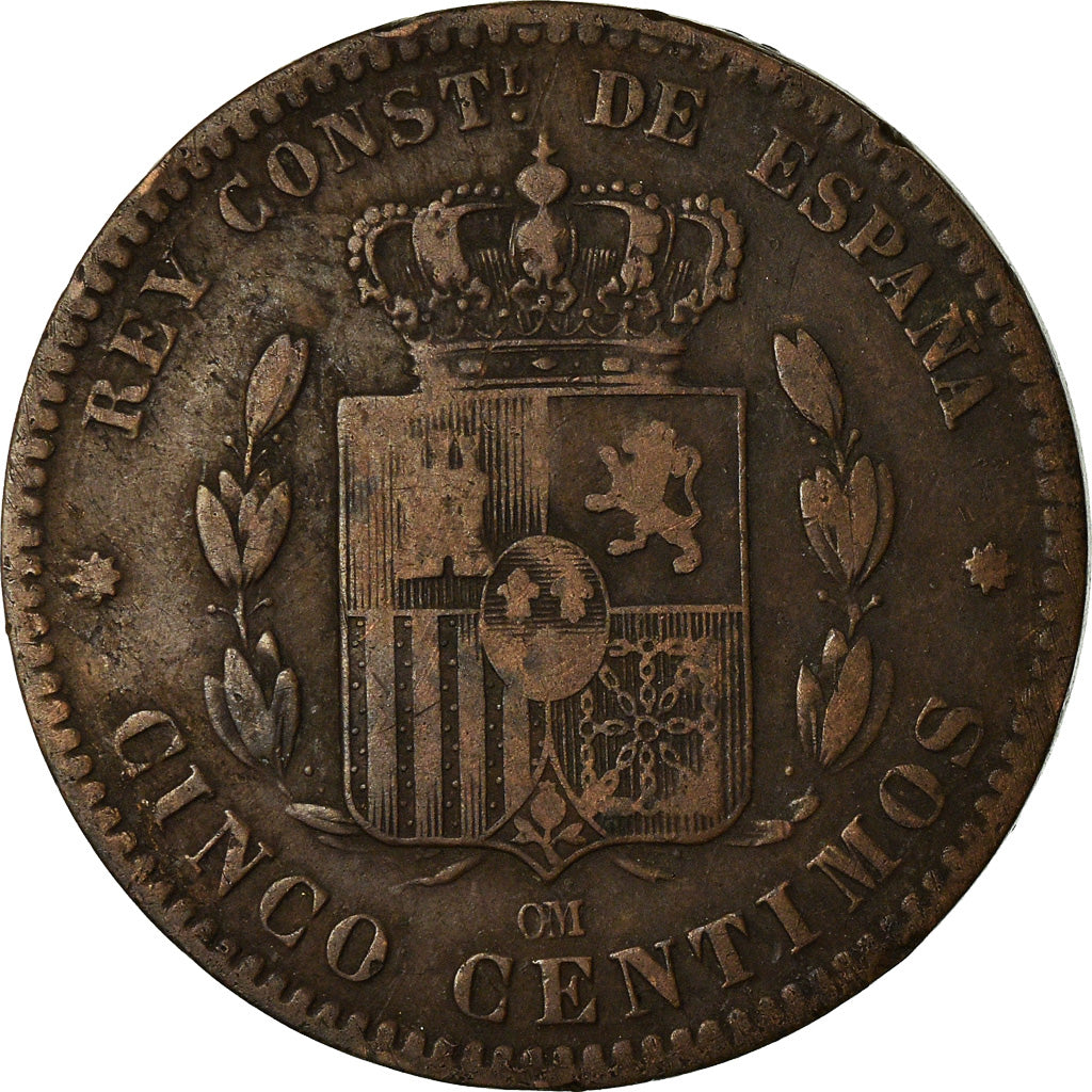 Coin, Spain, Alfonso XII, 5 Centimos, 1877, VF(30-35), Bronze, KM:674
