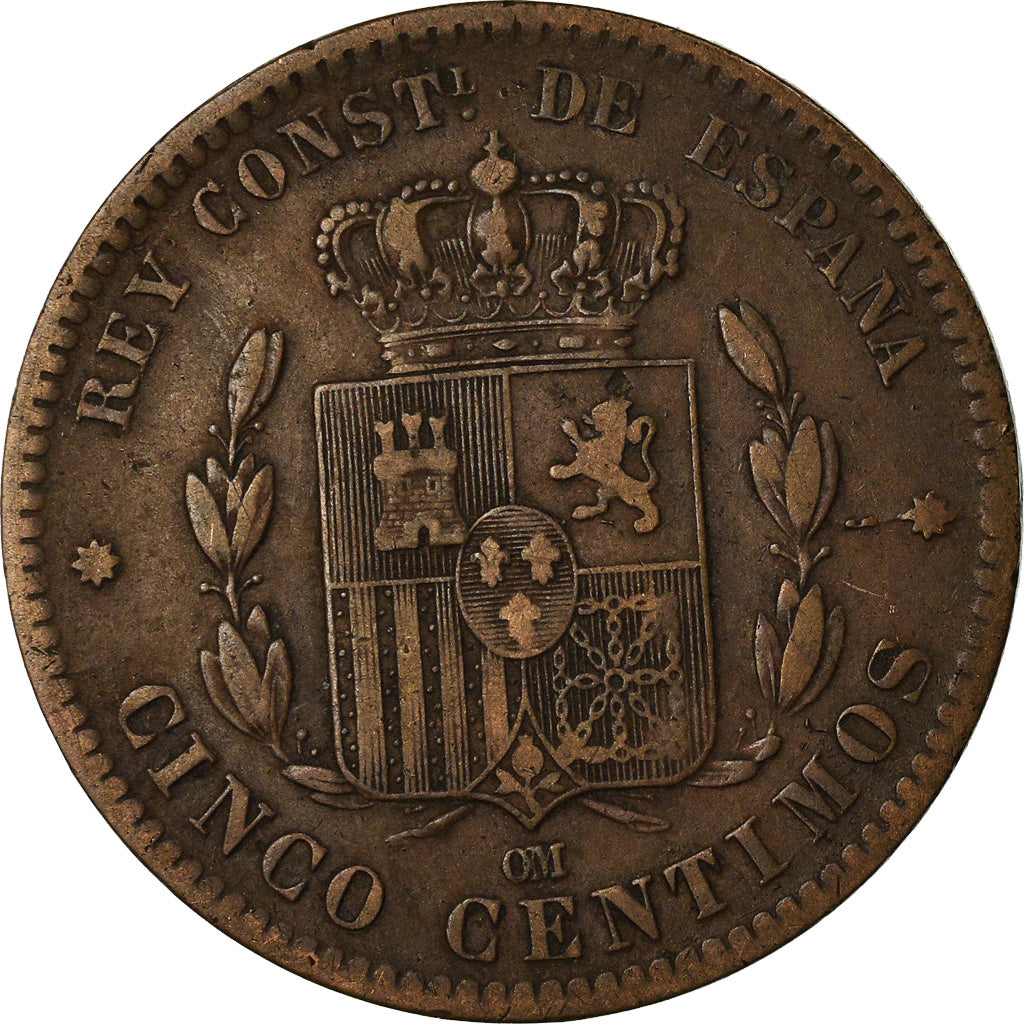 Coin, Spain, Alfonso XII, 5 Centimos, 1879, VF(30-35), Bronze, KM:674