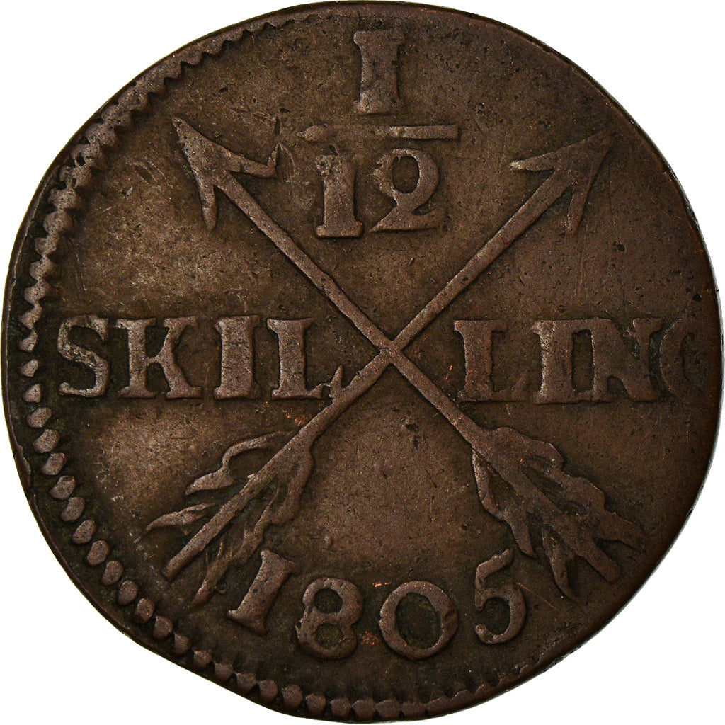 Moneta, Svezia, Gustaf IV Adolf, 1/12 Skilling, 1805, MB+, Rame, KM:563
