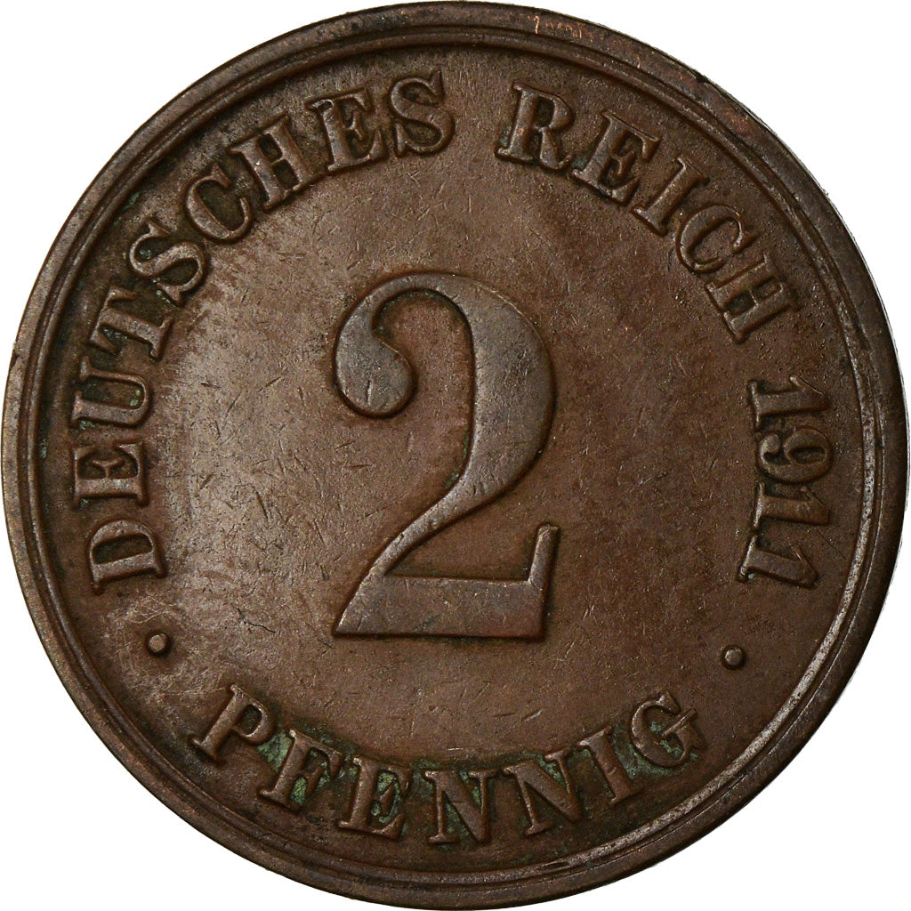 Coin, GERMANY - EMPIRE, Wilhelm II, 2 Pfennig, 1911, Munich, EF(40-45), Copper