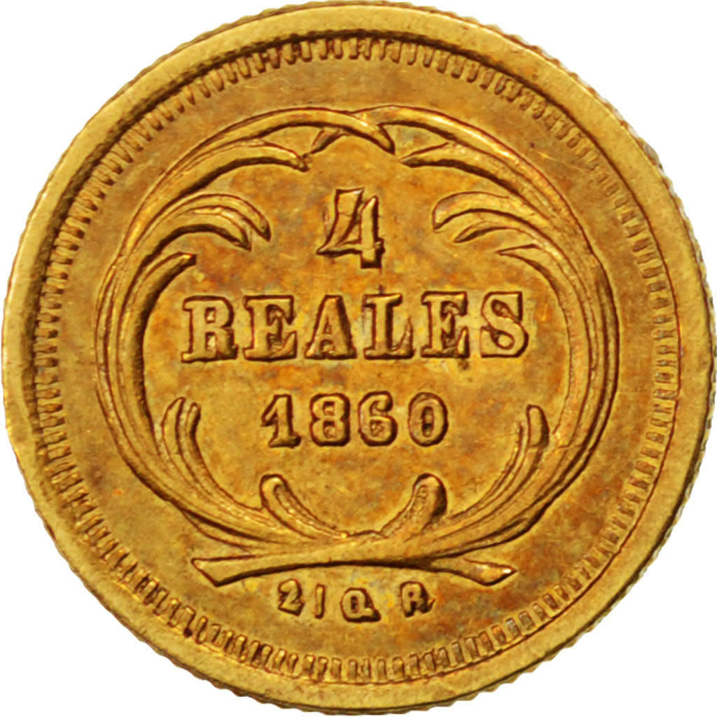 GUATEMALA, 4 Reales, Cuatro, 1860, KM #135, AU(50-53), Gold, 0.83