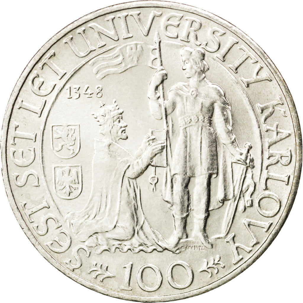 CZECHOSLOVAKIA, 100 Korun, 1948, KM #26, MS(63), Silver, 31, 14.11