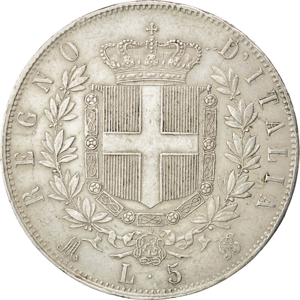 ITALY, 5 Lire, 1872, Milan, KM #8.3, AU(50-53), Silver, 25.00