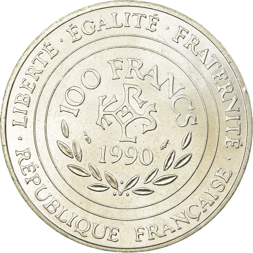 Coin, France, Charlemagne, 100 Francs, 1990, MS(60-62), Silver, KM:982