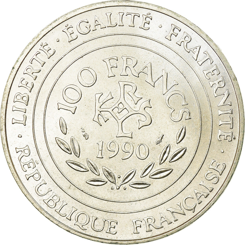 Coin, France, Charlemagne, 100 Francs, 1990, MS(60-62), Silver, KM:982