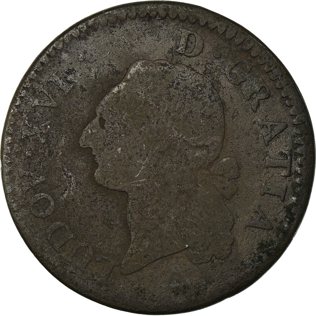 Monnaie, France, Louis XVI, Sol à l'Ecu, 1789, Orléans, B+, Cuivre