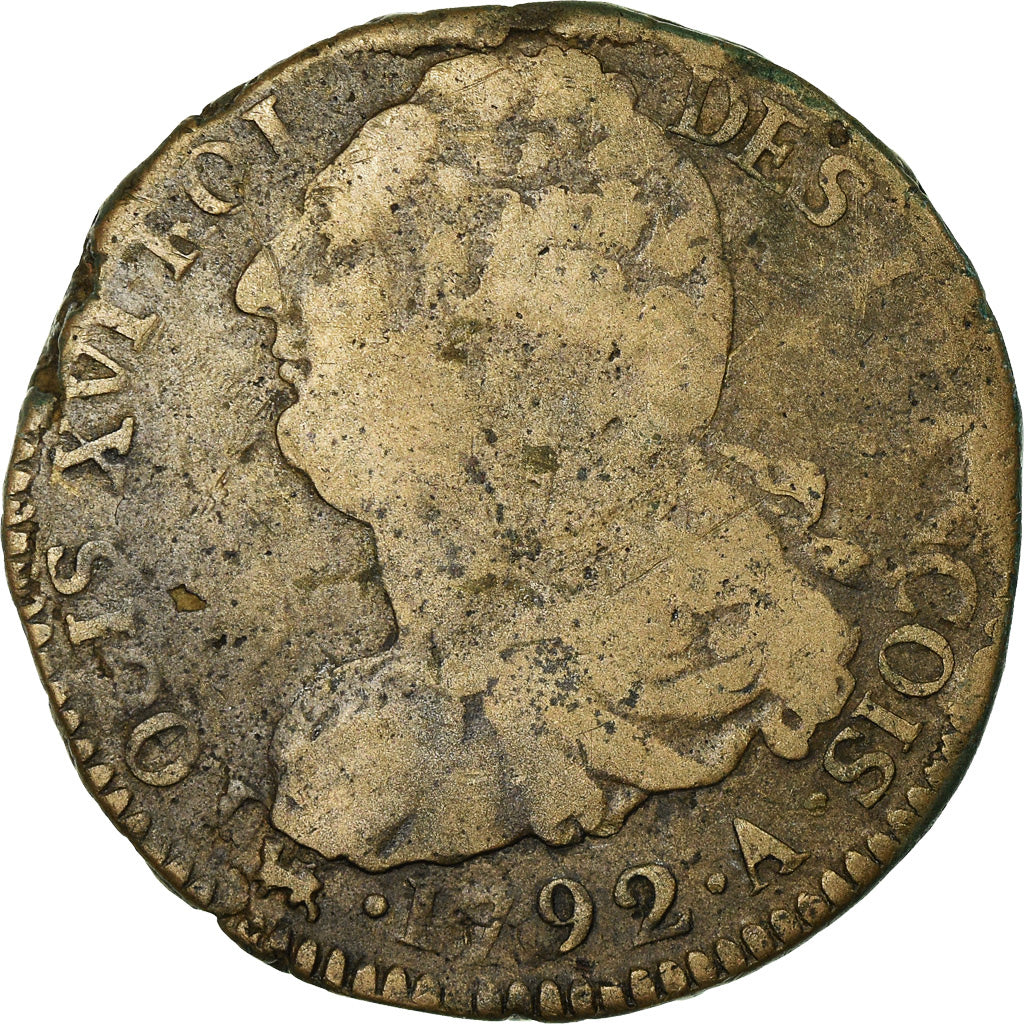 Moeda, França, Louis XVI, 2 Sols, 1792, Paris, VF(30-35), Bronze, Gadoury:25