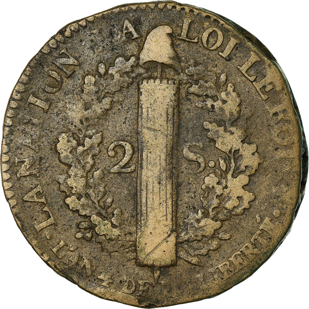 Moeda, França, Louis XVI, 2 Sols, 1792, Paris, VF(30-35), Bronze, Gadoury:25