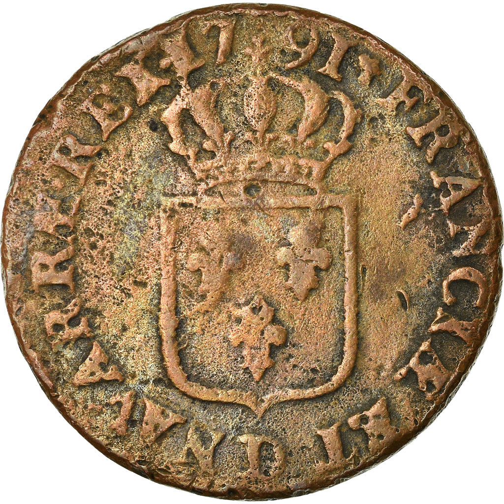 Coin, France, Louis XVI, Sol, 1791, Lyon, VF(20-25), Copper, KM:602.2