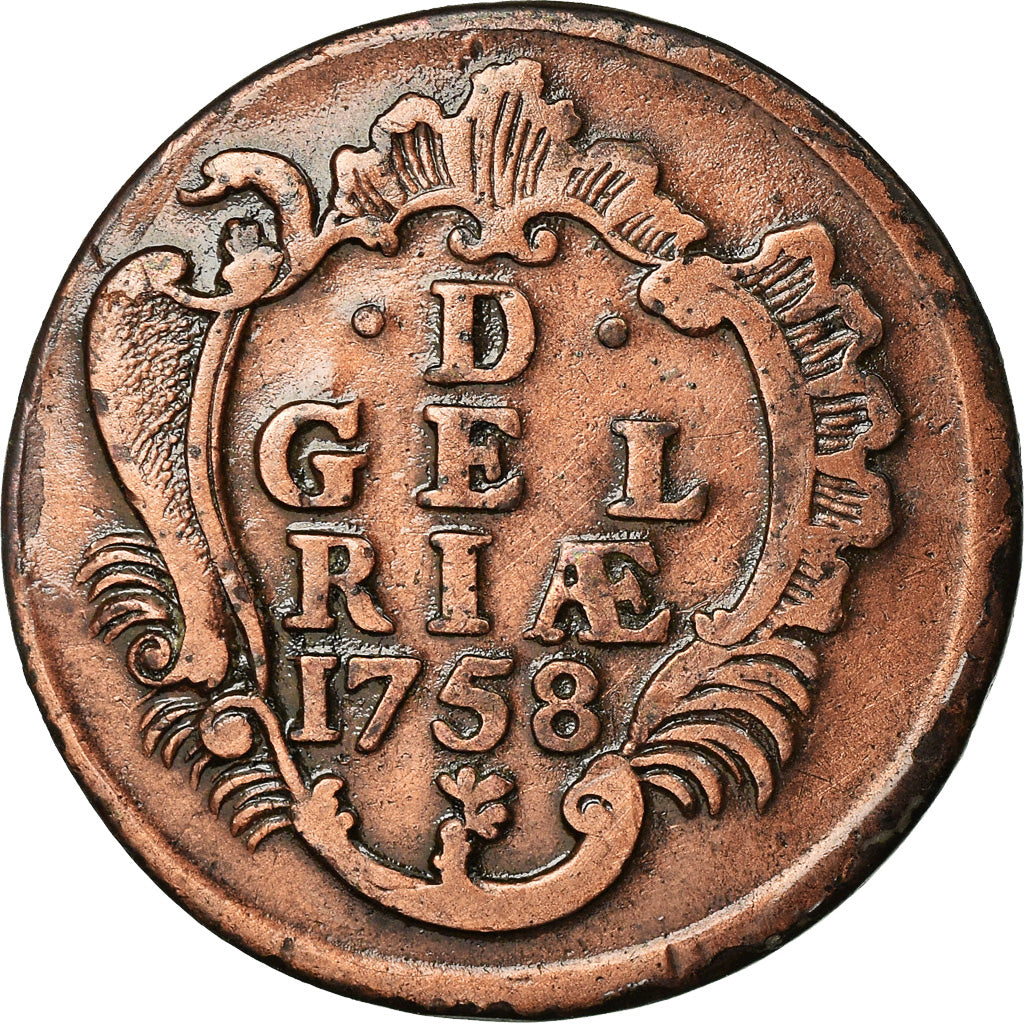 Coin, Netherlands, GELDERLAND, Duit, 1758, VF(30-35), Copper, KM:93