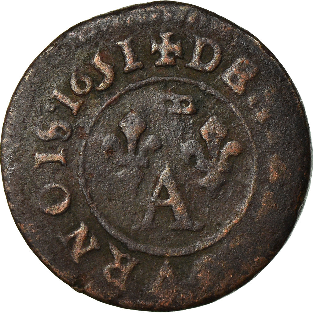 Moeda, França, DOMBES, Gaston d'Orléans, Denier Tournois, 1651, Trévoux