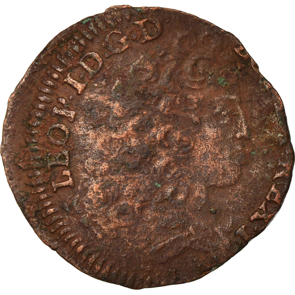 Moneta, Francja, LORRAINE, Leopold I, Liard, 1714, Nancy, VF(30-35), Miedź