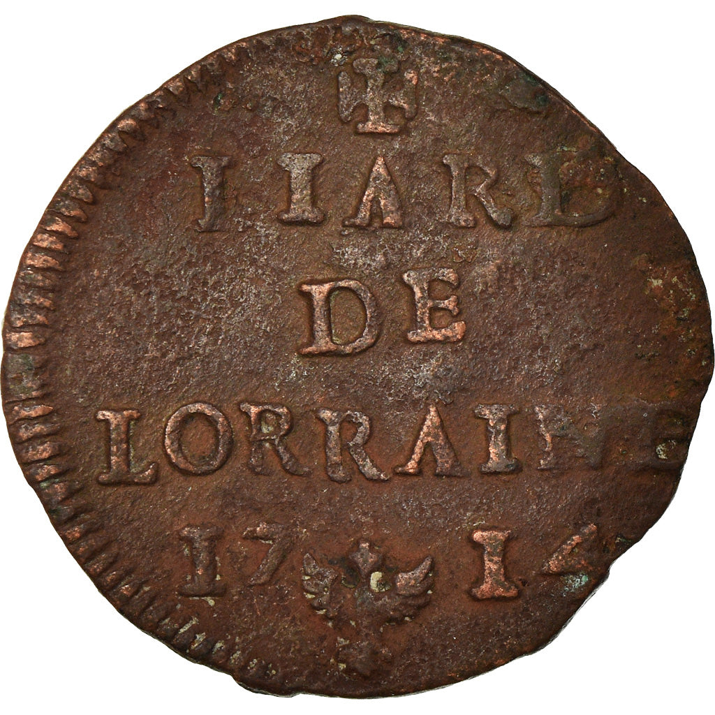 Moneta, Francja, LORRAINE, Leopold I, Liard, 1714, Nancy, VF(30-35), Miedź