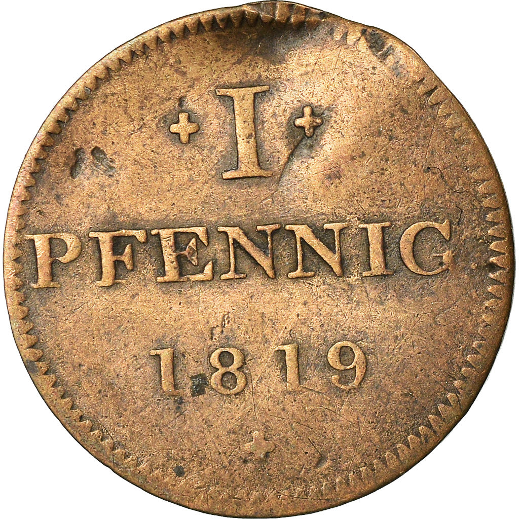 Coin, German States, FRANKFURT AM MAIN, Pfennig, 1819, VF(30-35), Copper, KM:Tn6