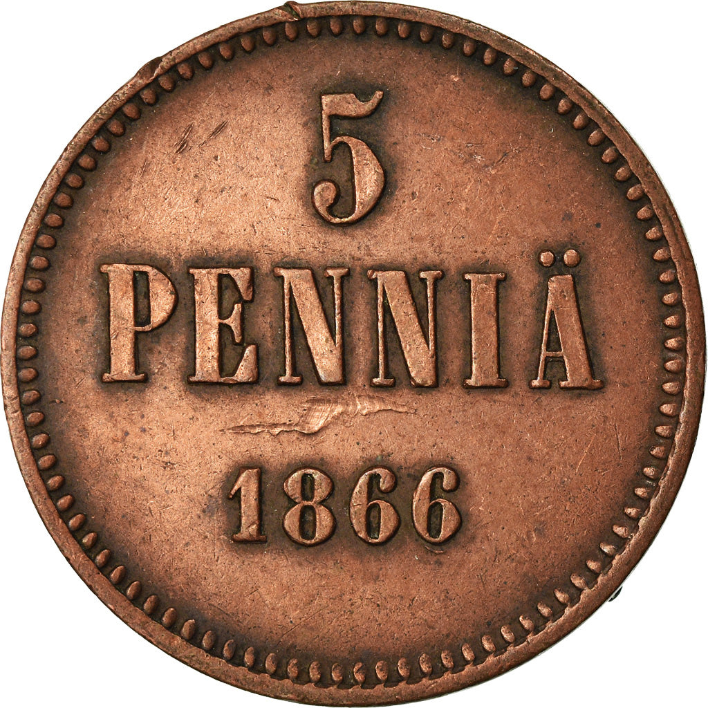 Coin, Finland, Alexander II, 5 Pennia, 1866, EF(40-45), Copper, KM:4.1