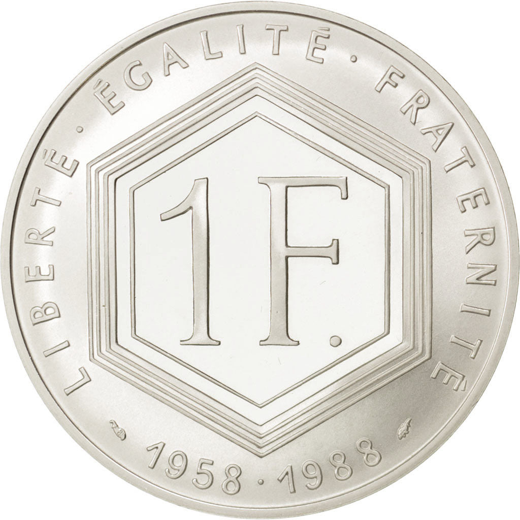 FRANCE, Charles de Gaulle, Franc, 1988, KM #978, MS(63), Silver, 24, Gadoury...