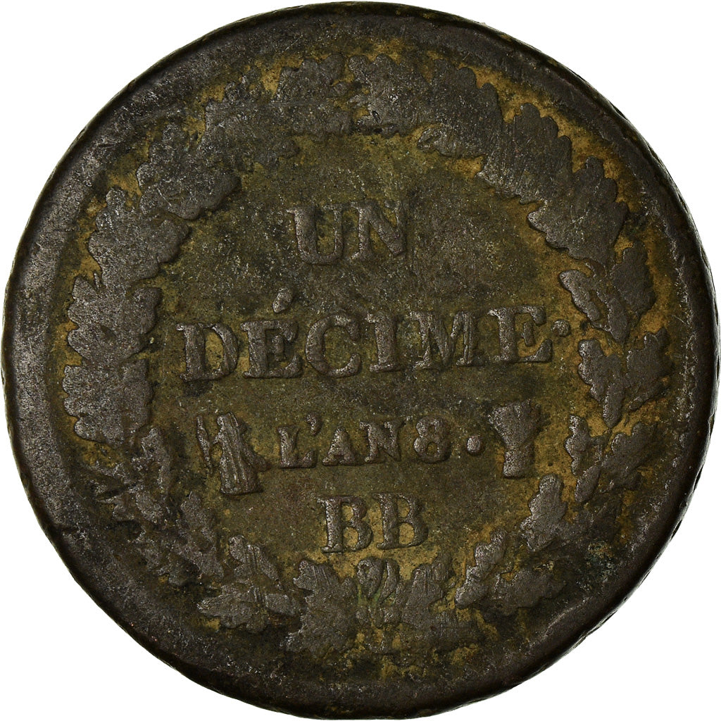 Coin, France, Dupré, Decime, AN 8, Strasbourg, VG(8-10), Bronze, KM:644.4
